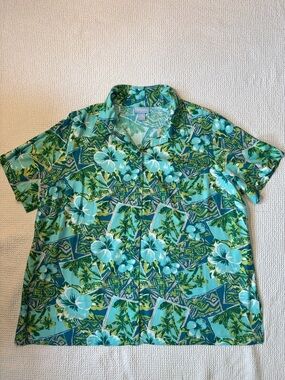 Liz & Me Tropical Hawaiian Floral Short-Sleeve Shirt, Teal/Green, Size 2X, Rayon